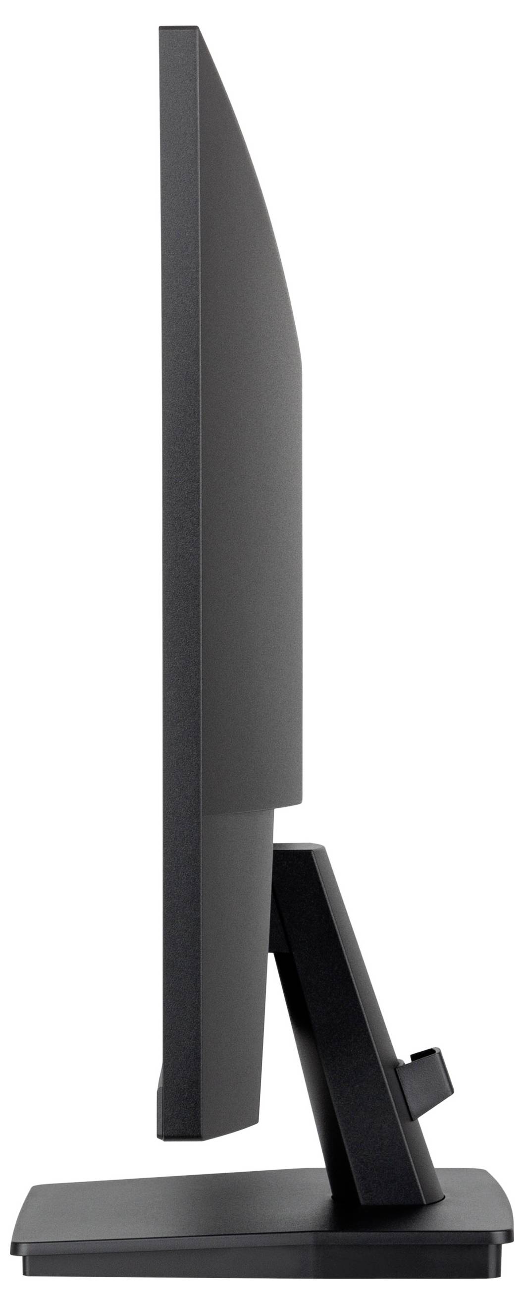 Seitenansicht eines schwarzen Computermonitors auf einem Ständer, zeigt das schlanke Design und die schmale Tiefe des Bildschirms.