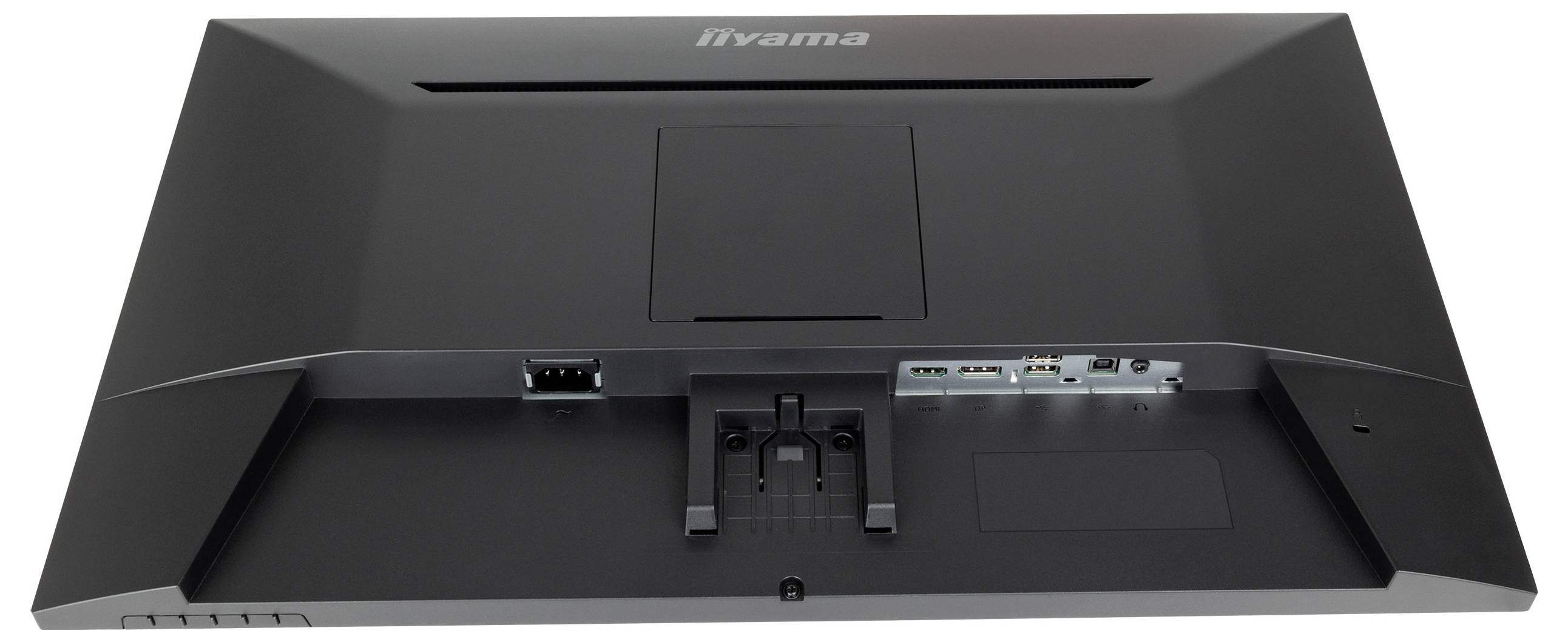 Rückseite eines Monitors, zeigt Anschlüsse und Halterung am Gehäuse. Ideal zur Wandmontage geeignet, horizontale Ausrichtung.
