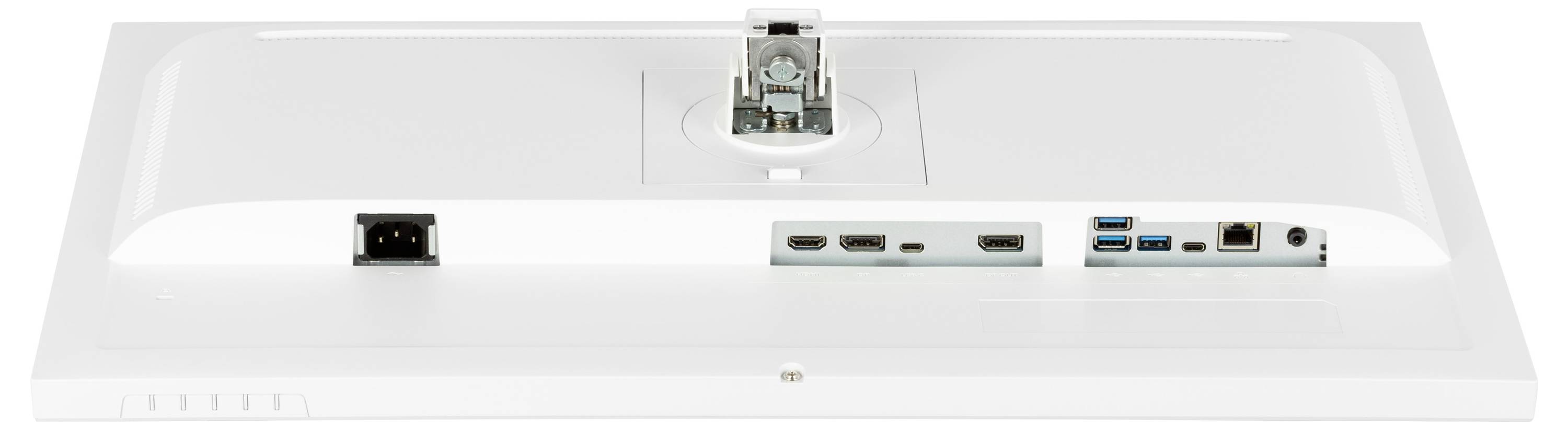 'Weißer Monitorrückseite mit Anschlüssen: Stromanschluss, zwei HDMI, zwei USB 3.0, ein USB-C und ein Ethernet-Port.'