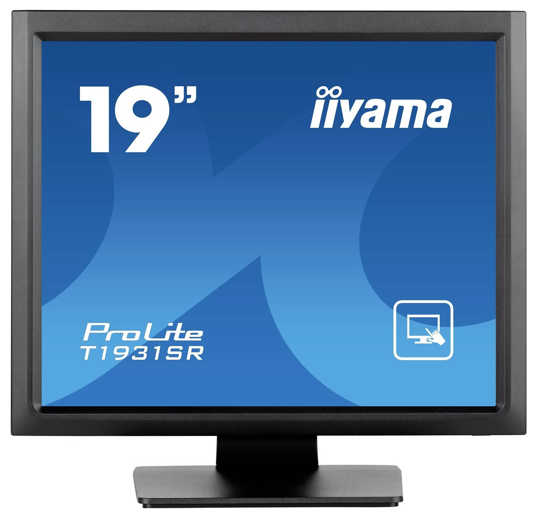 Monitor mit der Aufschrift '19" iiyama ProLite T1931SR'. Der Bildschirm zeigt ein Symbol für Touchscreen-Funktionalität.