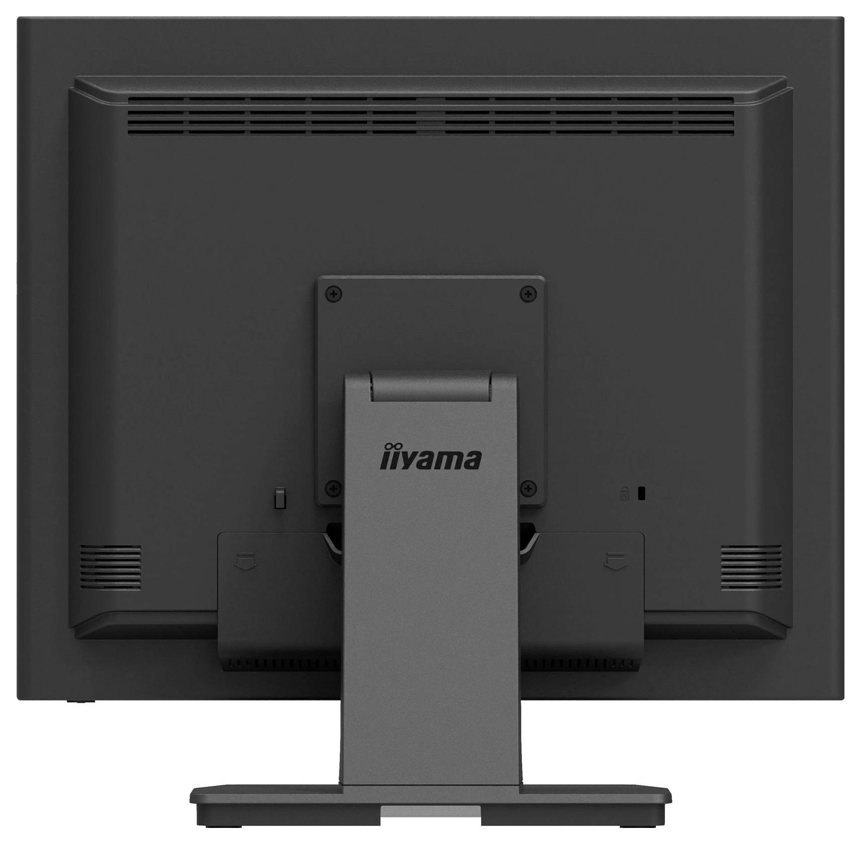 Ein schwarzer Computermonitor der Marke Iiyama, von hinten gesehen, mit stabilem Standfuß.