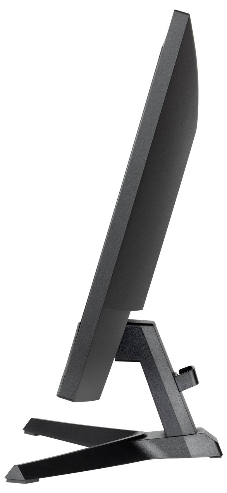 Seitenansicht eines flachen Computerbildschirms auf einem Standfuß, dargestellt in schwarzer Farbe.