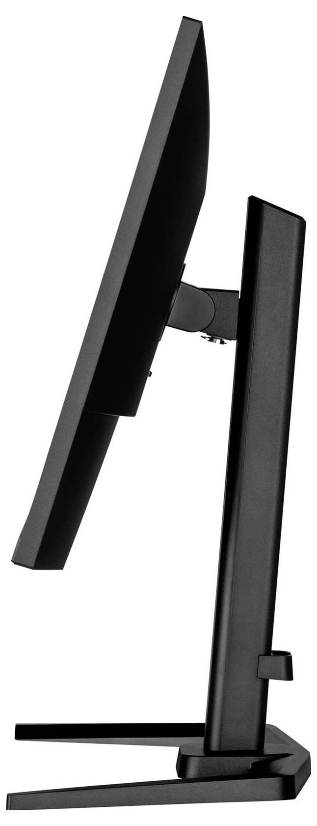 Seitliche Ansicht eines schwarzen Computerbildschirms mit schlankem Rahmen, geneigt auf einem stabilen Standfuß.