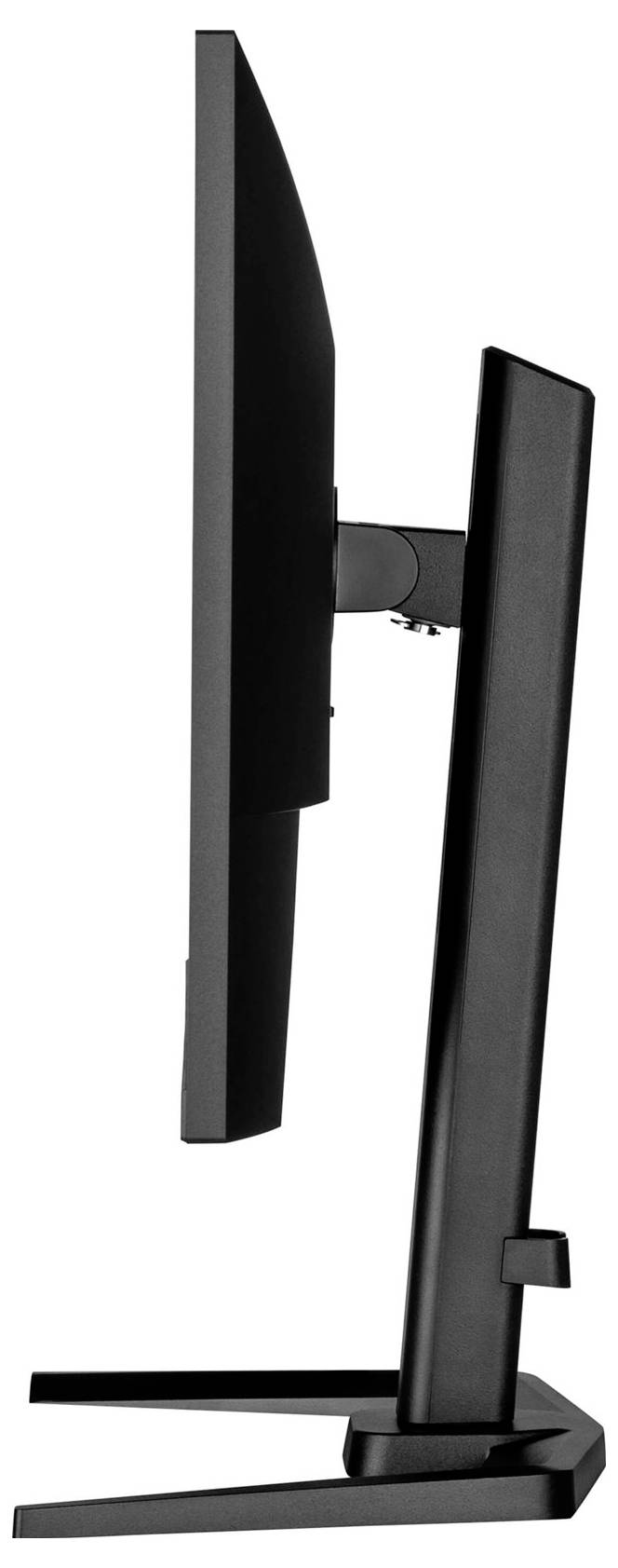 Ein schwarzer Computermonitor von der Seite gesehen, zeigt dünnes Design und stabilen Standfuß.