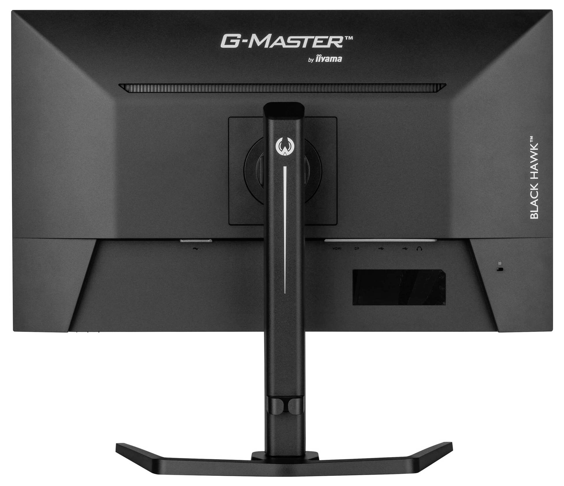 Ein schwarzer G-MASTER Black Hawk Monitor von iiyama, Rückansicht. Der Bildschirm steht auf einem stabilen, rechteckigen Standfuß.