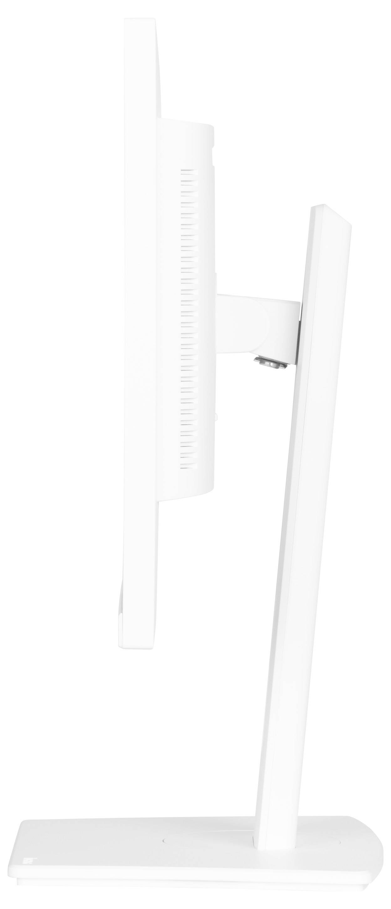 Ein weißer Computermonitor ist seitlich von der rechten Seite zu sehen, auf einem schmalen, stabilen Standfuß montiert.