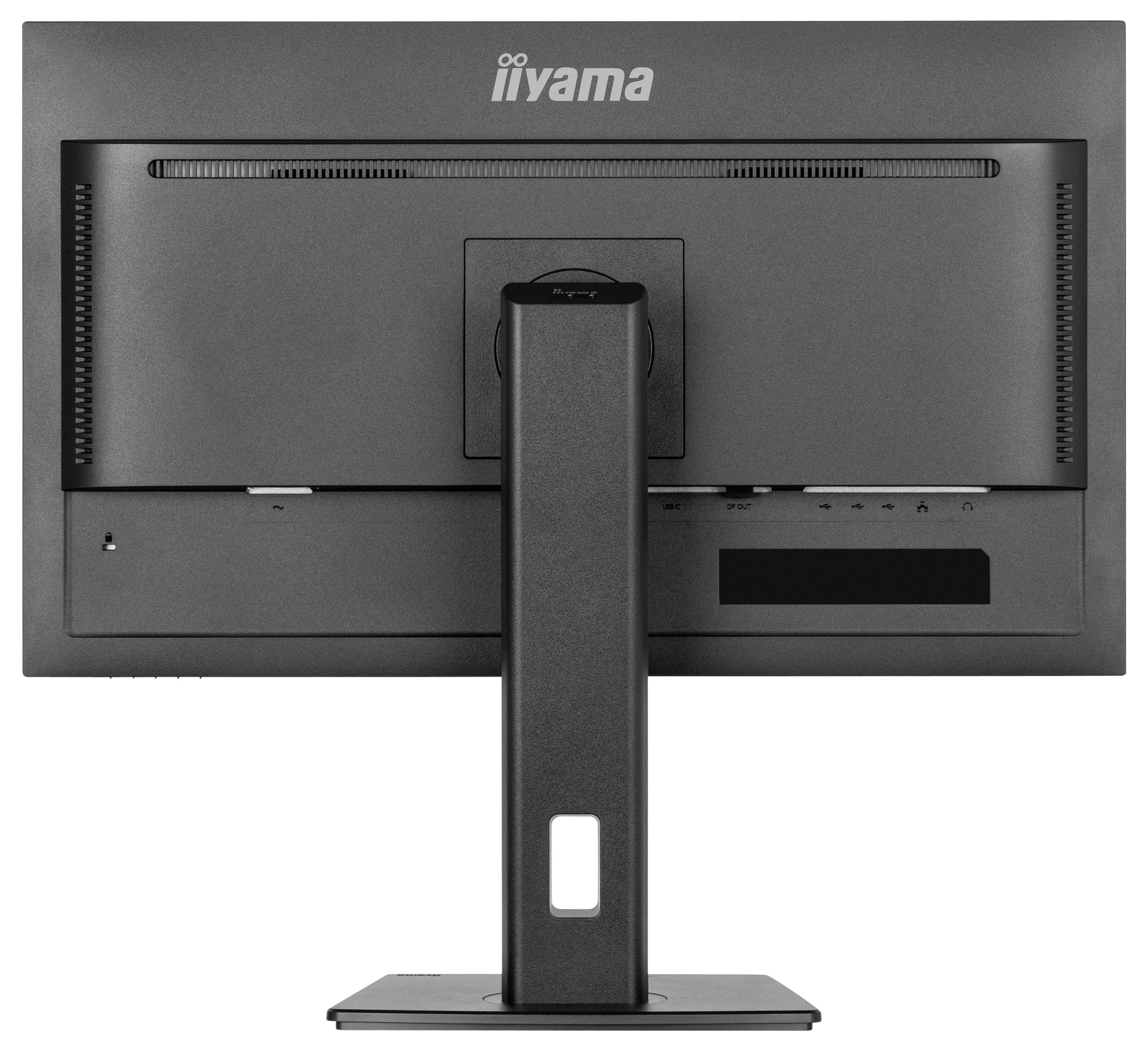 Hinteransicht eines schwarzen iiyama Monitors auf einem Standfuß, mit sichtbaren Anschlussmöglichkeiten und Lüftungsschlitzen.
