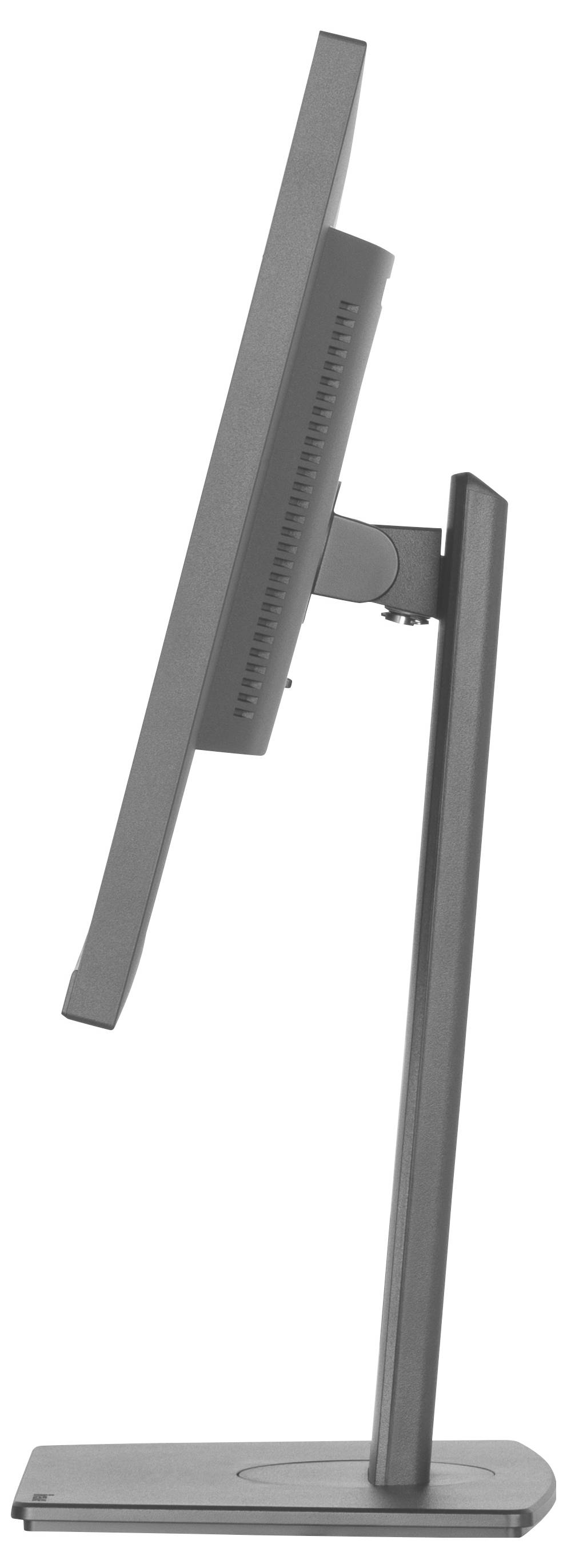 Flachbildschirm aus seitlicher Perspektive. Dünnes Design mit schlankem Standfuß auf rechteckiger Basis.