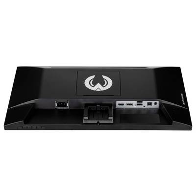 Rückansicht eines Gaming-Monitors mit Anschlüssen wie HDMI und DisplayPort. Ein großes Logo befindet sich oben in der Mitte.