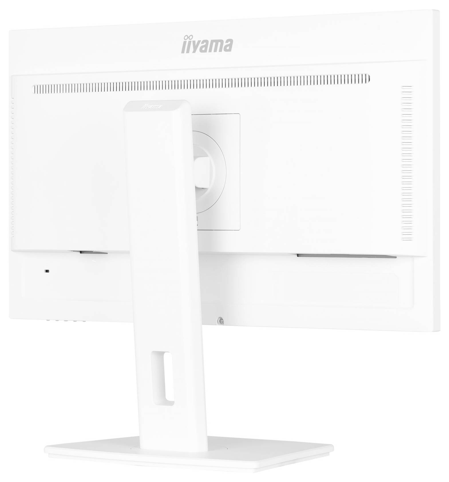 Ein weißer Computermonitor der Marke Iiyama, von hinten betrachtet. Der Monitor steht auf einem rechteckigen Standfuß.