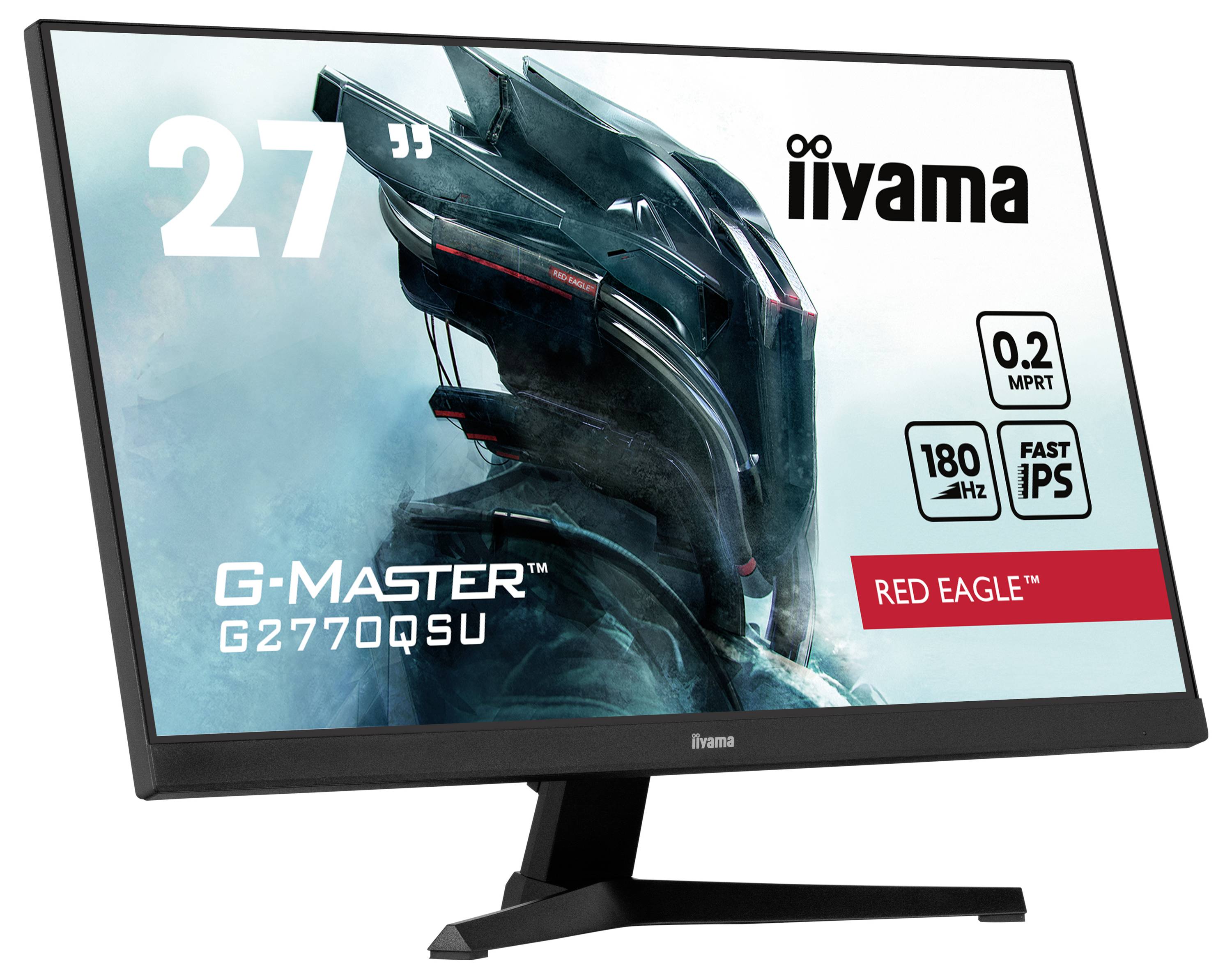 Der Monitor zeigt das Bild eines Sci-Fi-Themenmotivs mit einem schwarz-roten Helm. Text: '27"', 'iiyama', 'G-Master G2770QSU', '0.2 MPRT', '180 Hz', 'Fast IPS', 'Red Eagle'.