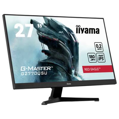 Der Monitor zeigt das Bild eines Sci-Fi-Themenmotivs mit einem schwarz-roten Helm. Text: '27"', 'iiyama', 'G-Master G2770QSU', '0.2 MPRT', '180 Hz', 'Fast IPS', 'Red Eagle'.