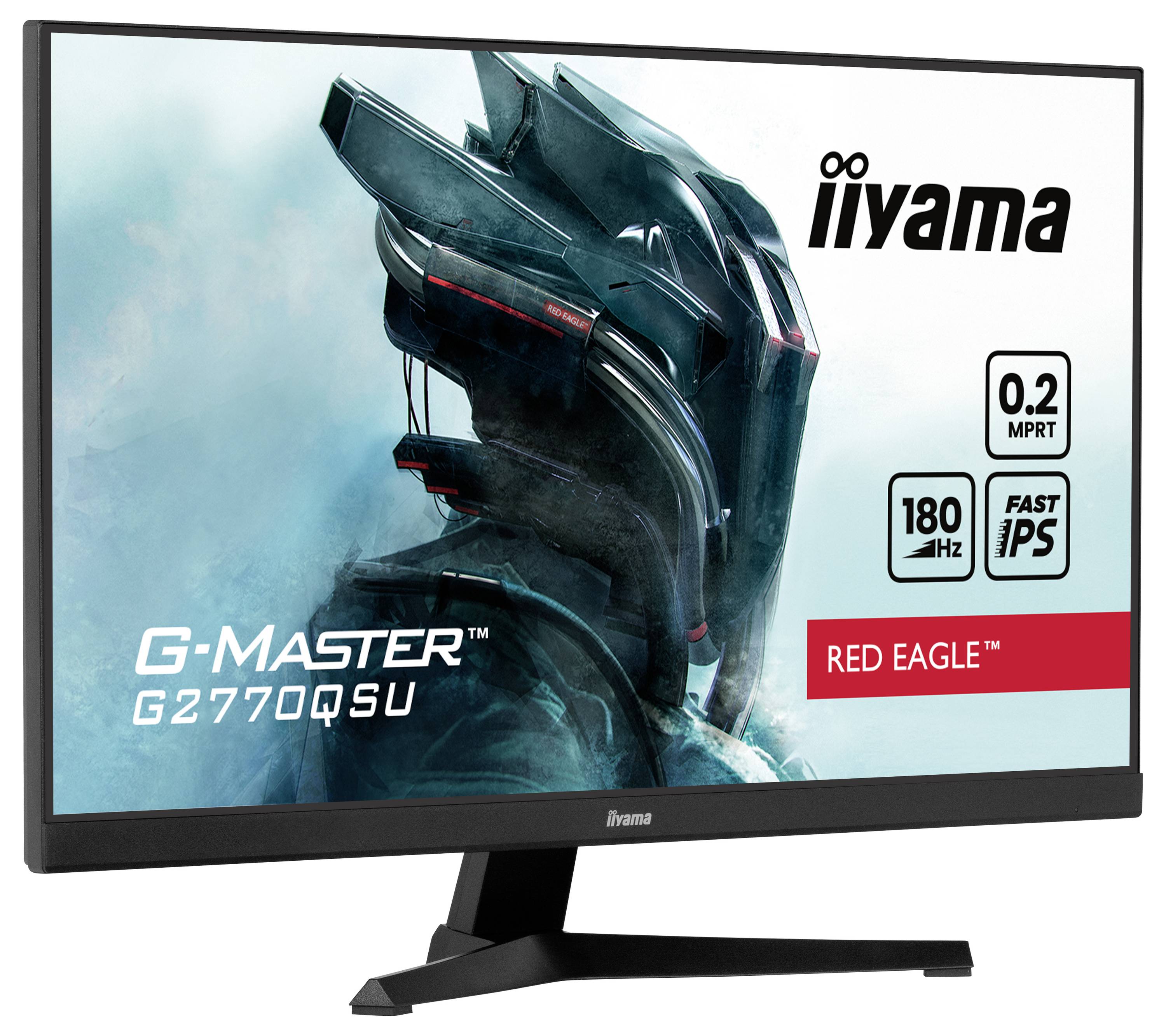 'Bild eines iiyama G-Master Monitors mit einem futuristischen Helm-Design. Text: 180Hz, 0.2 MPRT, Fast IPS, Red Eagle, G2770QSU.'