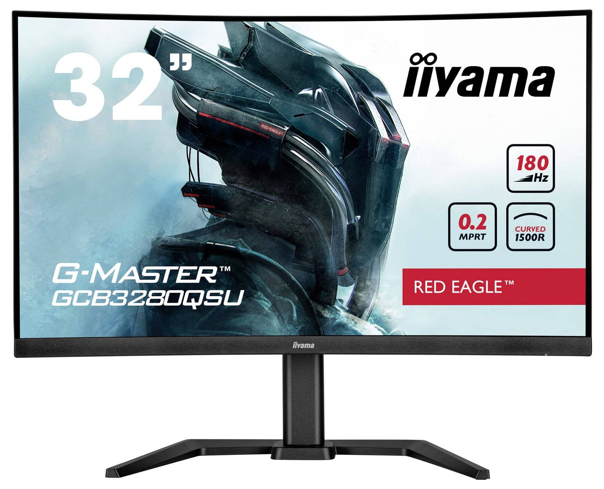 Ein gebogener 32-Zoll-Monitor von iiyama mit Modell 'GCB3280QSU', 180 Hz, 0,2 ms Reaktionszeit, Serie 'G-Master Red Eagle'.