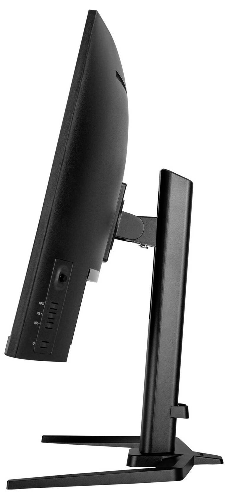 'Seitenansicht eines schwarzen Computerbildschirms auf einem Ständer, zeigt Neigung und Höhenverstellbarkeit des Monitors.'