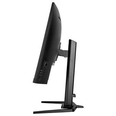 'Seitenansicht eines schwarzen Computerbildschirms auf einem Ständer, zeigt Neigung und Höhenverstellbarkeit des Monitors.'
