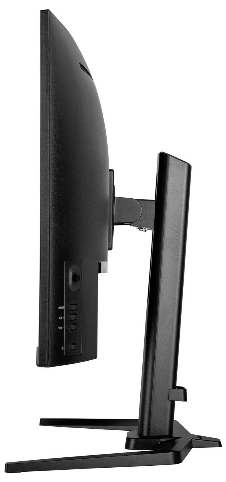 Seitenansicht eines schwarzen Computerbildschirms mit schlankem Design und stabilem Standfuß.