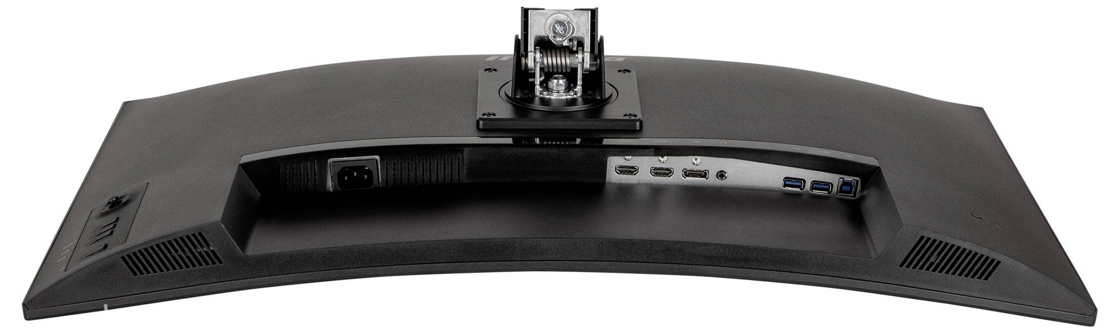 Rückansicht eines Computermonitors mit Anschlüssen wie HDMI, DisplayPort und USB an der Unterseite.