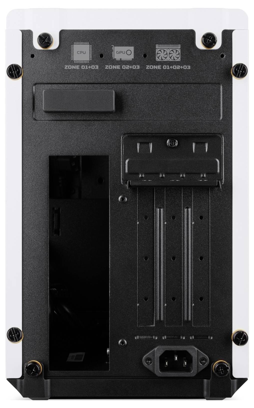 Rückansicht eines Computergehäuses mit Steckplätzen für Erweiterungskarten, Netzkabelanschluss und Lüftungszonenbeschriftung.