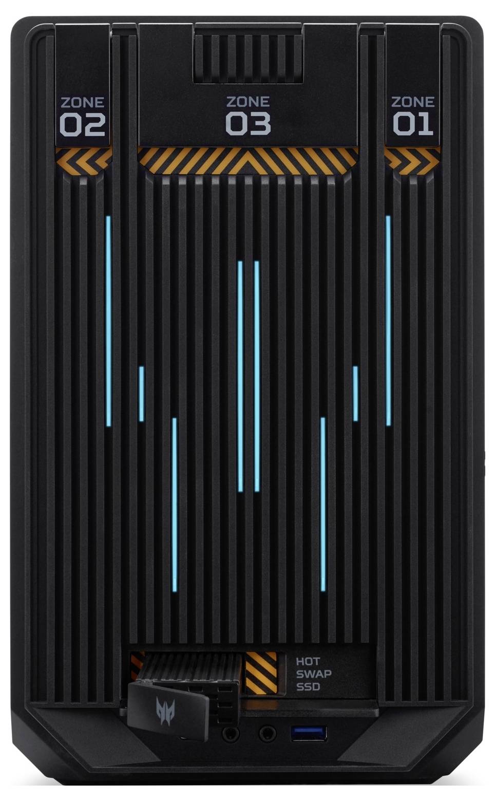 Schwarzes Computergehäuse mit blauen LED-Linien, drei nummerierten Zonen und einem Hot Swap SSD-Steckplatz unten.