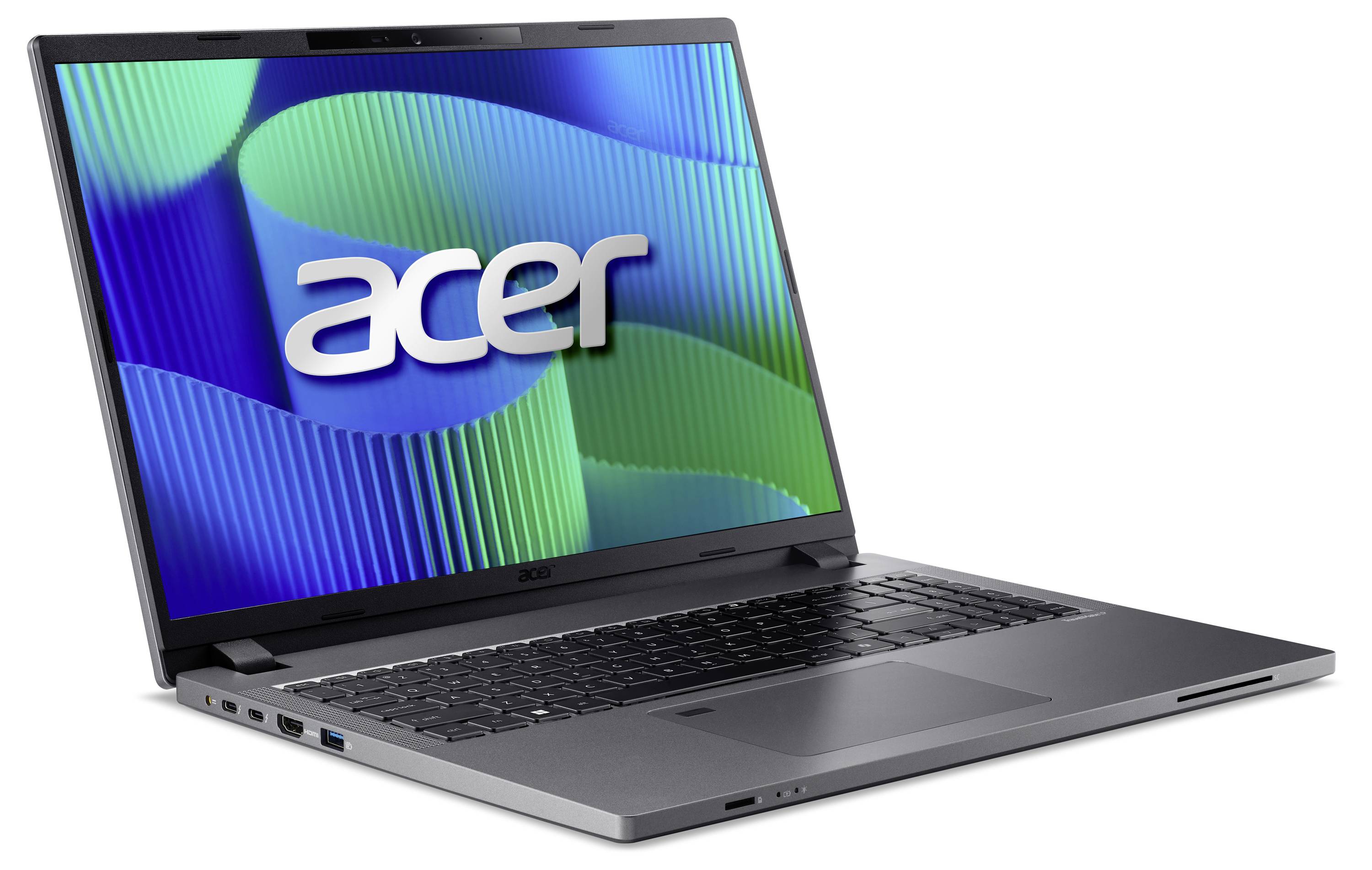Ein schwarzer Laptop von Acer mit geöffnetem Bildschirm, auf dem das Acer-Logo vor einem blau-grünen Hintergrund zu sehen ist.