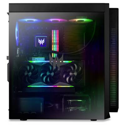 Ein Gaming-Computer mit durchsichtigem Gehäuse zeigt leuchtende RGB-Lichter und leistungsstarke Hardware-Komponenten im Inneren.