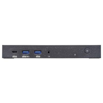 Vorderseite eines Geräts mit zwei USB-Anschlüssen, einem Audioanschluss und einem Netzschalter.