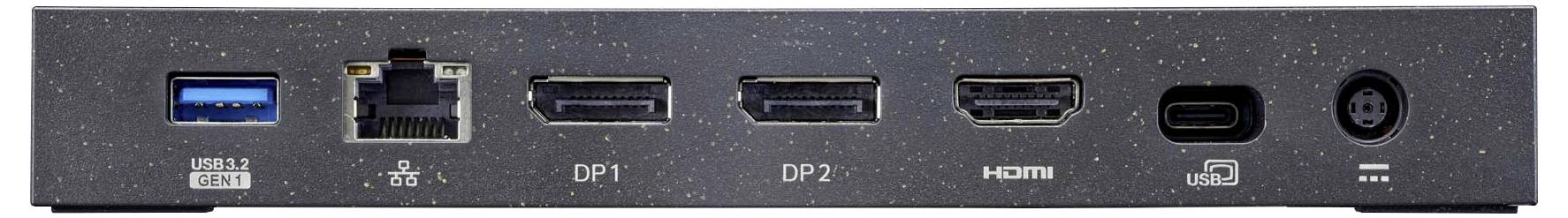 Ein schwarzes Gerät mit Anschlüssen: USB, Ethernet, zwei DisplayPorts, HDMI und ein runder Stromanschluss.