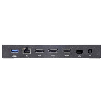 Ein schwarzes Gerät mit Anschlüssen: USB, Ethernet, zwei DisplayPorts, HDMI und ein runder Stromanschluss.