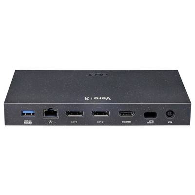 Eine schwarze Dockingstation mit USB-Anschluss, Ethernet-Port, zwei DisplayPorts, HDMI-Anschluss, Audio-Buchse und Stromanschluss.