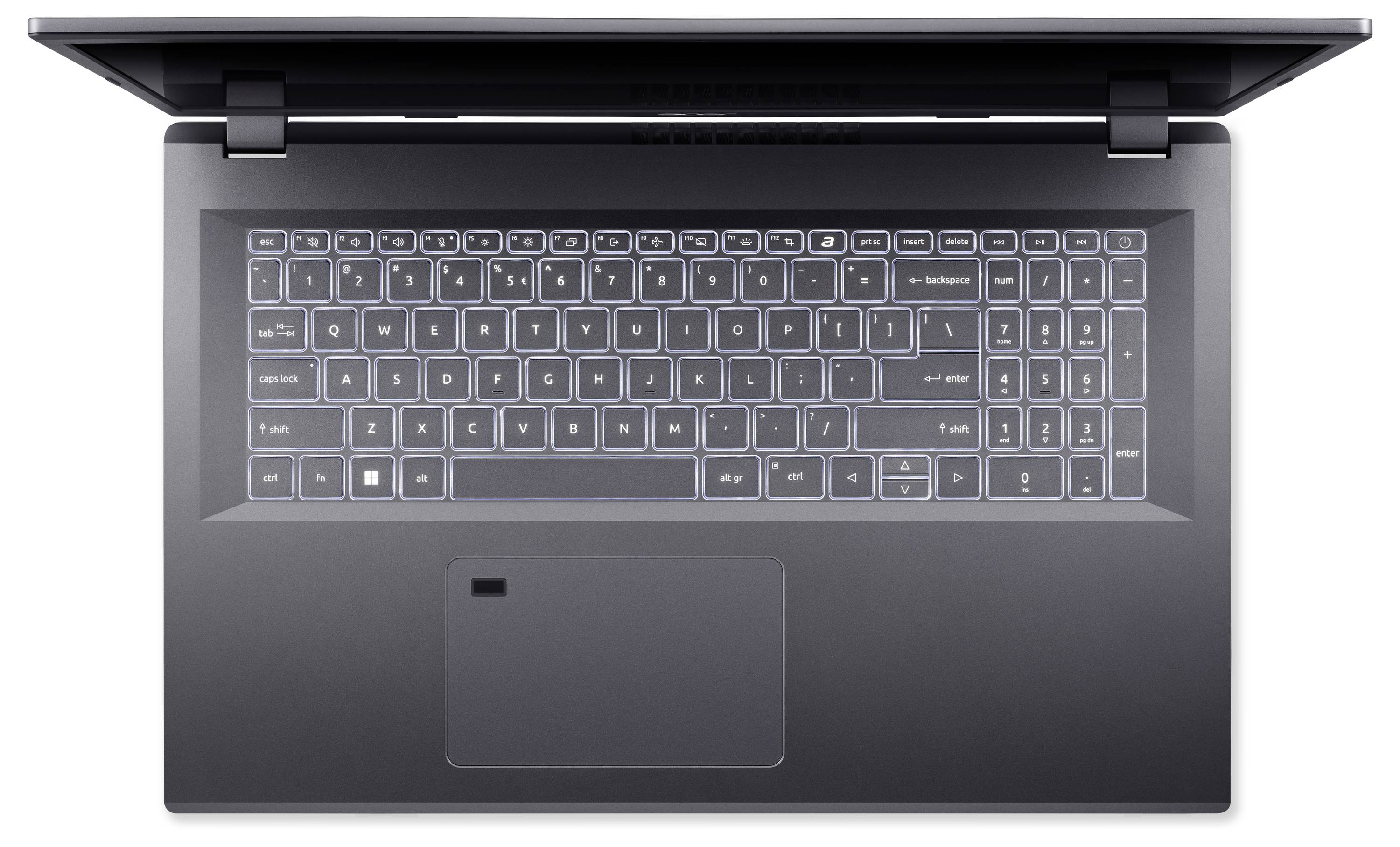 Schwarzer Laptop von oben, Bildschirm nicht sichtbar, Tastatur beleuchtet, zentriertes Touchpad, offen für Benutzung.