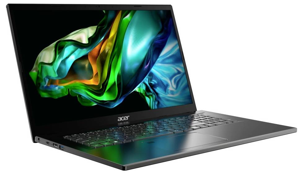 Ein Laptop mit einem lebendigen, abstrakten Bildschirmschoner in Grün- und Blautönen, möglicherweise ein Acer-Modell.