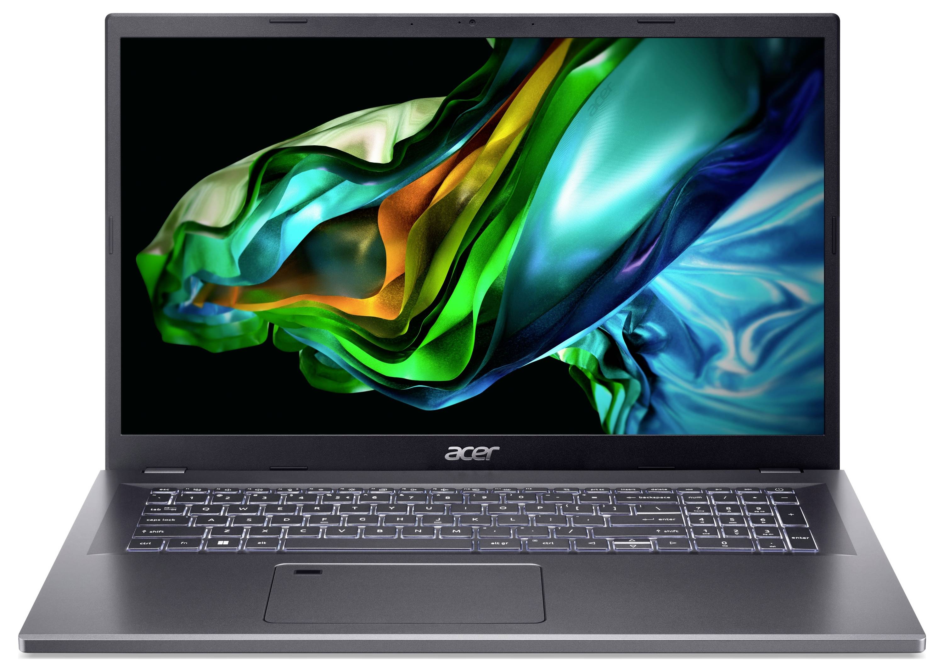 Ein Laptop von Acer mit geöffnetem Display. Auf dem Bildschirm ist ein abstraktes, farbenfrohes Muster in Grün- und Blautönen zu sehen.