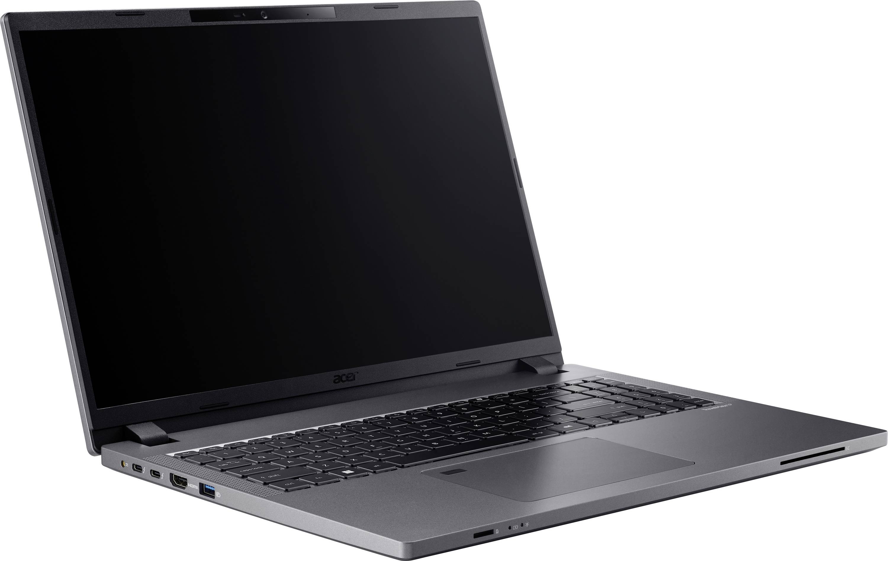 Ein moderner Laptop in geöffneter Position mit schwarzem Bildschirm, silbernem Gehäuse und sichtbarer Tastatur.