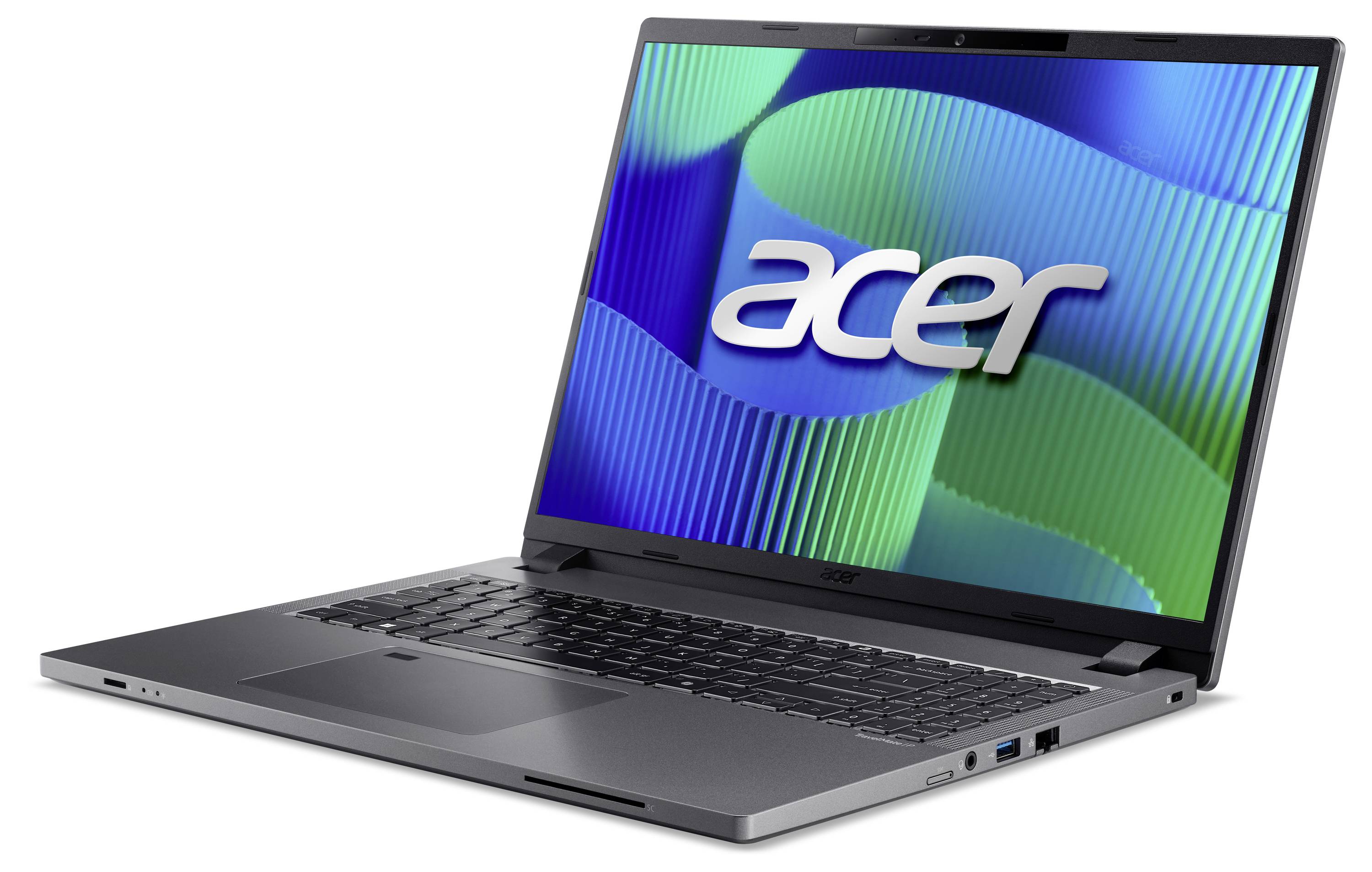 Ein silberner Laptop mit aufgeschlagenem Bildschirm zeigt ein großes, weißes Logo 'acer' vor einem blau-grünen, welligen Hintergrund.