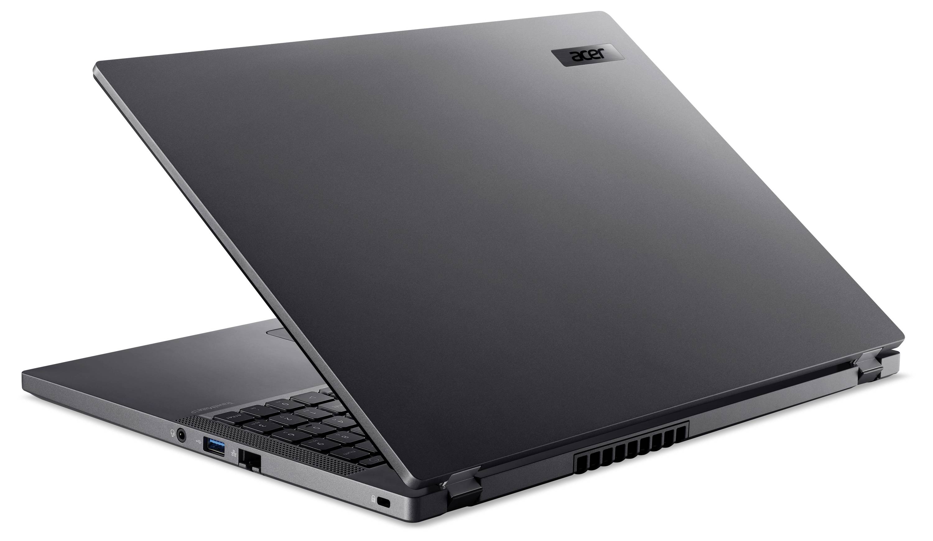 Schlanker schwarzer Laptop in seitlicher Ansicht, halb geöffnet, mit gut sichtbarem Lüftungsgitter; geeignet für Arbeit oder Studium.