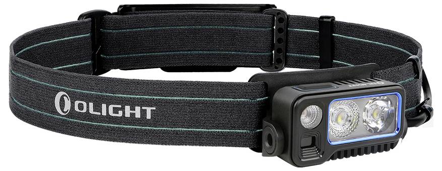 Eine schwarze Stirnlampe mit elastischem Band, Marke Olight, zwei LED-Leuchten vorne, ideal für Outdoor-Aktivitäten bei Dunkelheit.