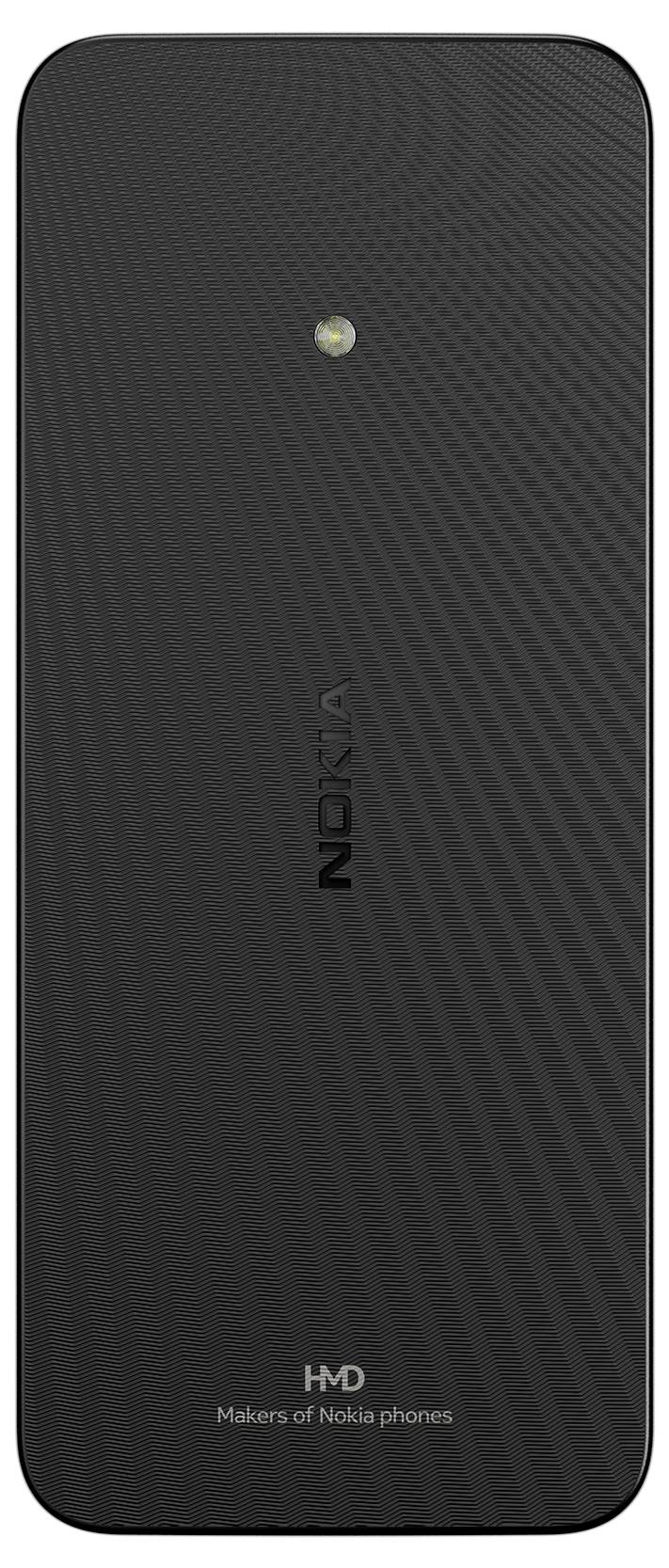 Schwarzes Handy-Rückseite mit Nokia-Logo in der Mitte. Eine Kamera mit Blitz ist oben angebracht. Text unten: 'HMD Makers of Nokia phones'.