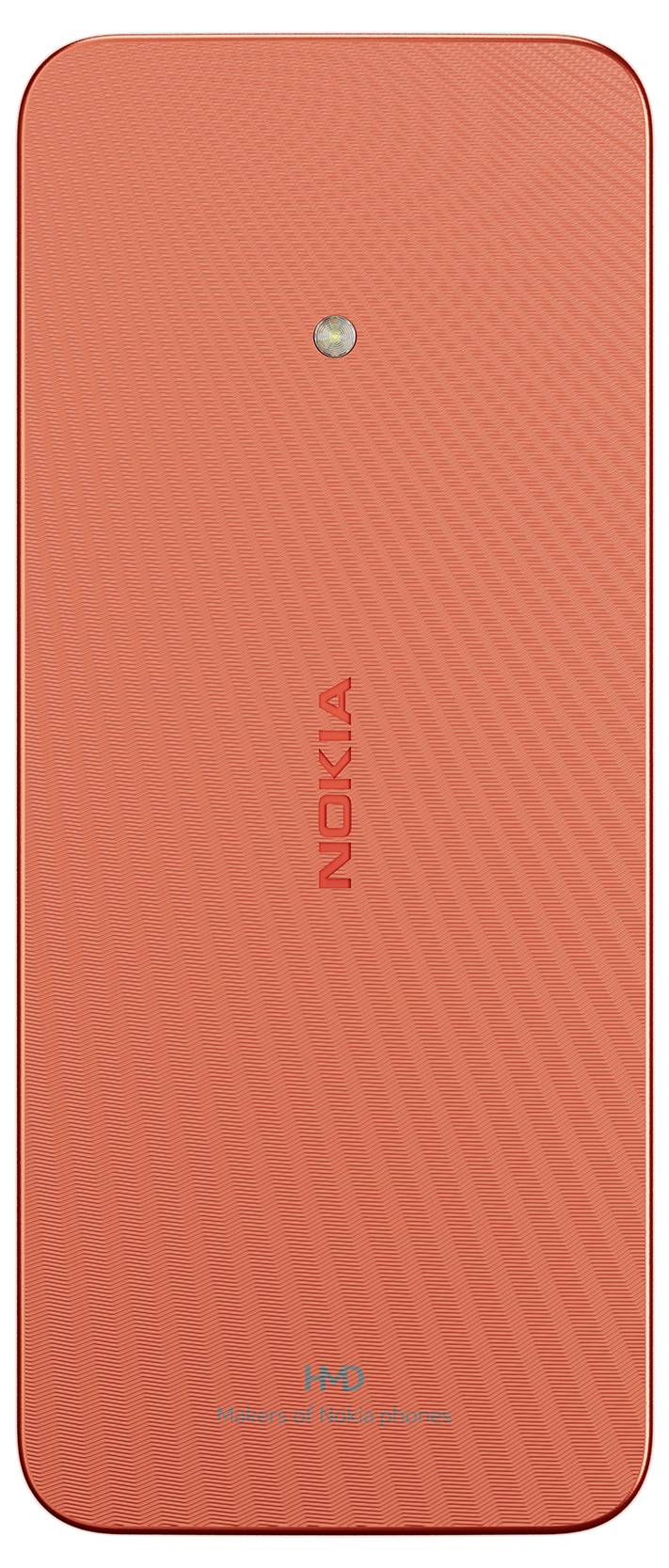 Ein orangefarbenes Handy mit dem Schriftzug 'NOKIA' in der Mitte und einer Kameralinse oben. Das Gehäuse hat ein strukturiertes Muster.