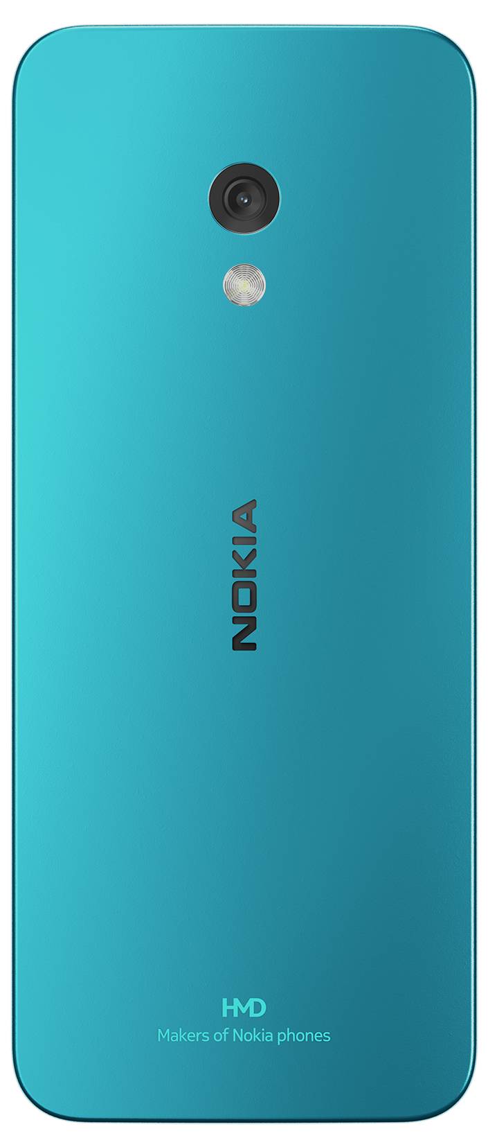Rückseite eines türkisfarbenen Smartphones mit Kameralinse und LED-Blitz oben; 'Nokia'-Logo in der Mitte.