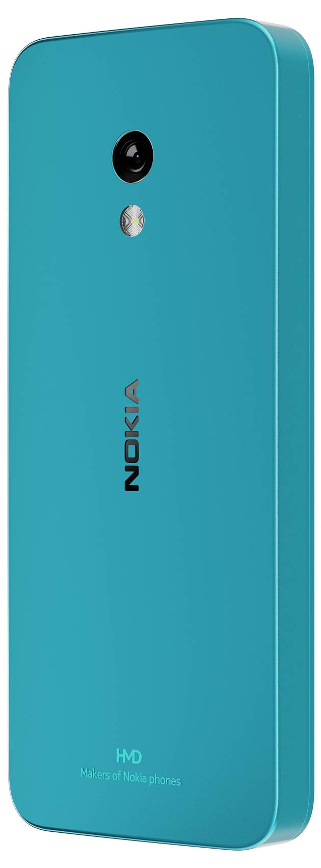Ein türkisfarbenes Smartphone von hinten; es hat eine Kamera und einen Blitz. Das Nokia-Logo ist mittig vertikal aufgebracht.