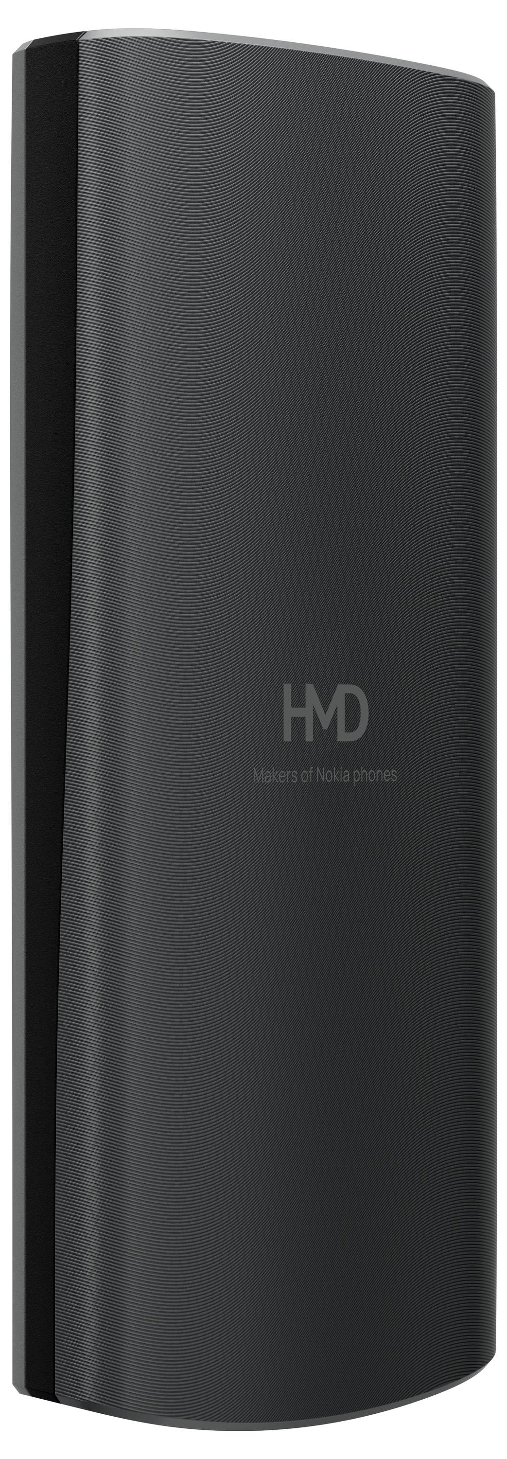 Schwarzer tragbarer Lautsprecher mit HMD-Logo, steht aufrecht.