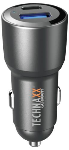 Grauer Autoladegerät-Adapter mit USB- und USB-C-Anschlüssen, Markenname 'TECHNAXX' in Orange und Weiß aufgedruckt.