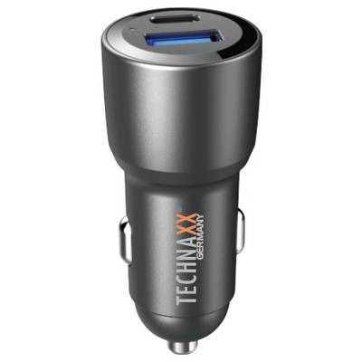 Grauer Autoladegerät-Adapter mit USB- und USB-C-Anschlüssen, Markenname 'TECHNAXX' in Orange und Weiß aufgedruckt.