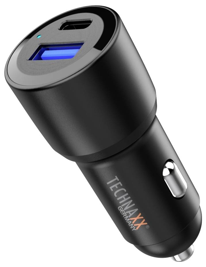 Schwarzes Autoladegerät mit zwei USB-Anschlüssen, einer blau markiert. Markiert mit 'Technaxx Germany' auf dem Gehäuse.