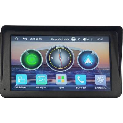 Ein Navigationsgerät zeigt Datum, Uhrzeit und Symbole für Anrufe, Navigation, Apps, Bluetooth und Einstellungen auf einem Bildschirm.