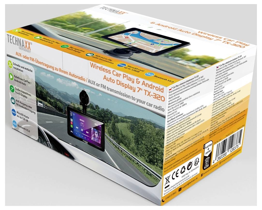 Verpackung eines drahtlosen Auto-Displays mit 7-Zoll-Bildschirm und CarPlay/Android-Unterstützung. Bild eines Autos mit montiertem Display.