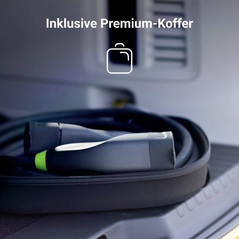 Ein zusammengerolltes Ladekabel in einem schwarzen Etui liegt im Kofferraum eines Autos. Text darüber: 'Inklusive Premium-Koffer'.