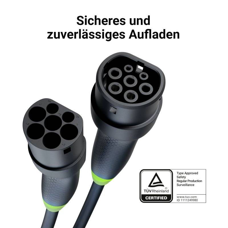 Elektrofahrzeug-Ladestecker mit TÜV Rheinland-Zertifizierung, beschriftet mit 'Sicheres und zuverlässiges Aufladen' oben.