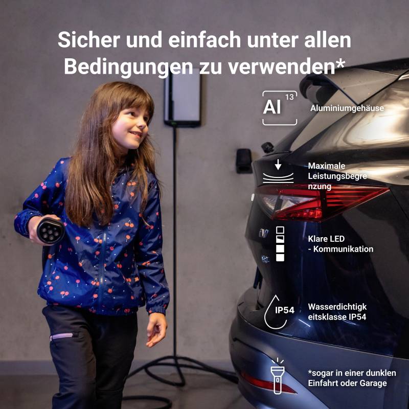 Mädchen mit Taschenlampe neben Auto in Garage. Text beschreibt Sicherheit und einfache Nutzung der Ladeeinheit unter allen Bedingungen.